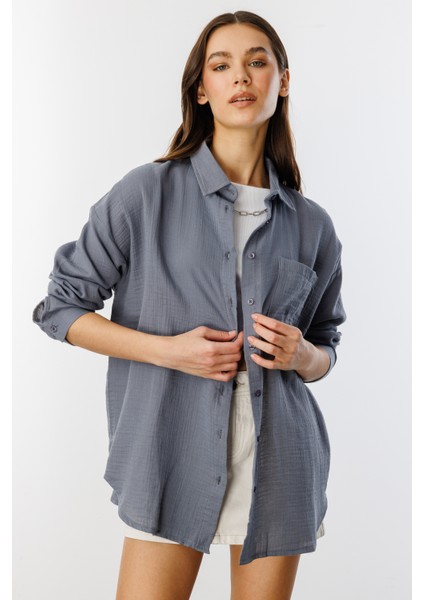 Oversize Basic Müslin Kadın Gömlek Kadın-Müslin-Gömlek