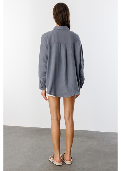 Oversize Basic Müslin Kadın Gömlek Kadın-Müslin-Gömlek