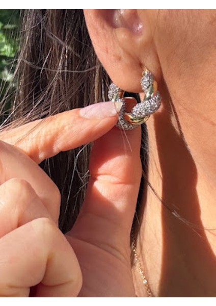 Kalın Burgu Taşlı Çift Renk Halka Küpe modelleri