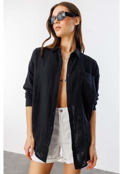 Oversize Basic Müslin Kadın Gömlek Kadın-Müslin-Gömlek