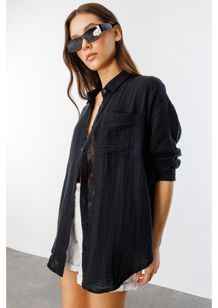 Oversize Basic Müslin Kadın Gömlek Kadın-Müslin-Gömlek
