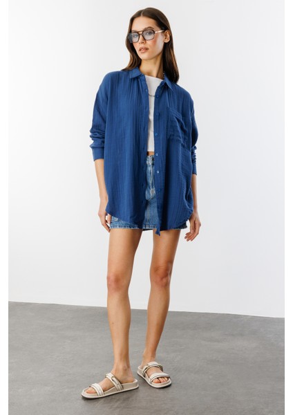 Oversize Basic Müslin Kadın Gömlek Kadın-Müslin-Gömlek