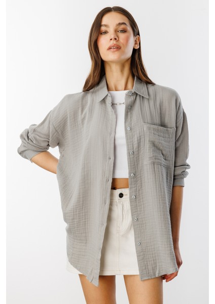 Oversize Basic Müslin Kadın Gömlek Kadın-Müslin-Gömlek