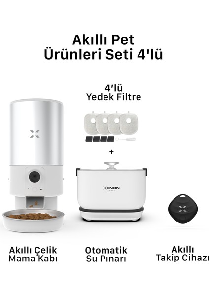 Akıllı 5lt Hazneli Çelik Mama Kabı Otomatik Şarjlı Su Şelalesi Smart Tag ve Yedek Filtre 4'lü Pet Seti