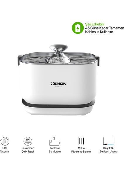 Akıllı 5lt Hazneli Çelik Mama Kabı Otomatik Şarjlı Su Şelalesi Smart Tag ve Yedek Filtre 4'lü Pet Seti