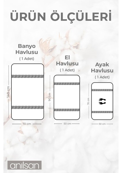 Pamuk 3'lü Greek Havlu Seti - 1 Adet El Havlusu, 1 Adet Banyo Havlusu ve 1 Adet Ayak Havlusu