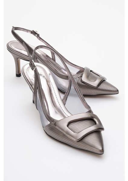 Foley Platin Çizgili Kadın Sivri Burun Arkası Açık Ince Topuklu Ayakkabı