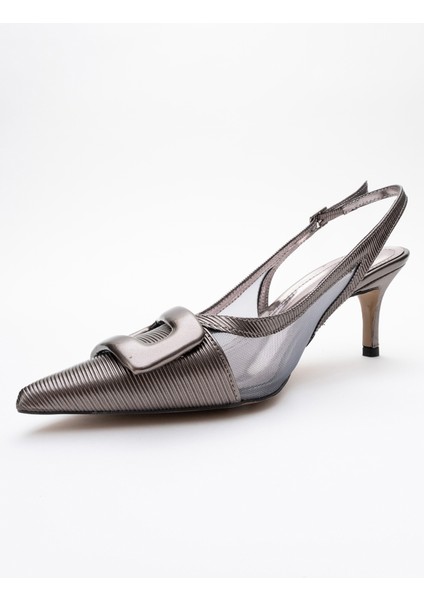 Foley Platin Çizgili Kadın Sivri Burun Arkası Açık Ince Topuklu Ayakkabı modelleri