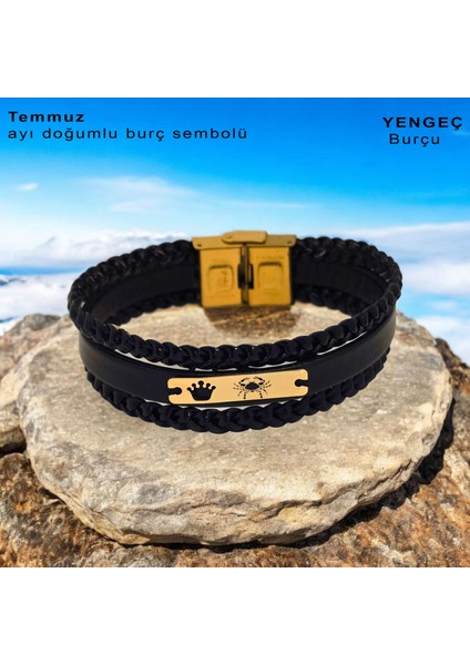 14 Ayar Plakalı Altın Erkeklere Özel Derili Taç Desenli Dikdörtgen Figürlü Burç Bilekliği-397burç-Siyah