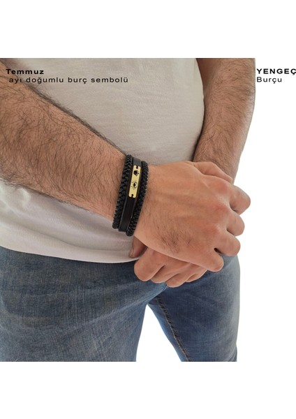 14 Ayar Plakalı Altın Erkeklere Özel Derili Taç Desenli Dikdörtgen Figürlü Burç Bilekliği-397burç-Siyah fiyatları