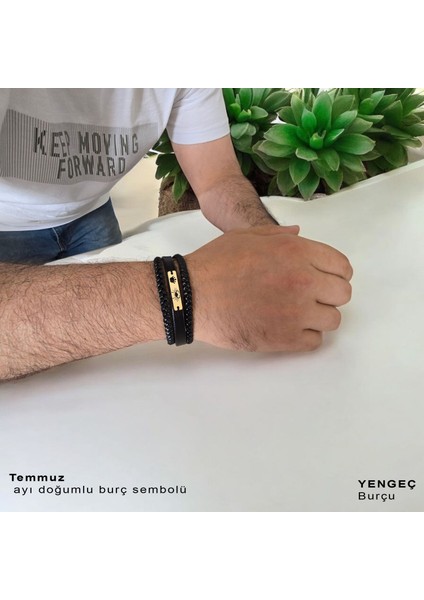 14 Ayar Plakalı Altın Erkeklere Özel Derili Taç Desenli Dikdörtgen Figürlü Burç Bilekliği-397burç-Siyah modelleri