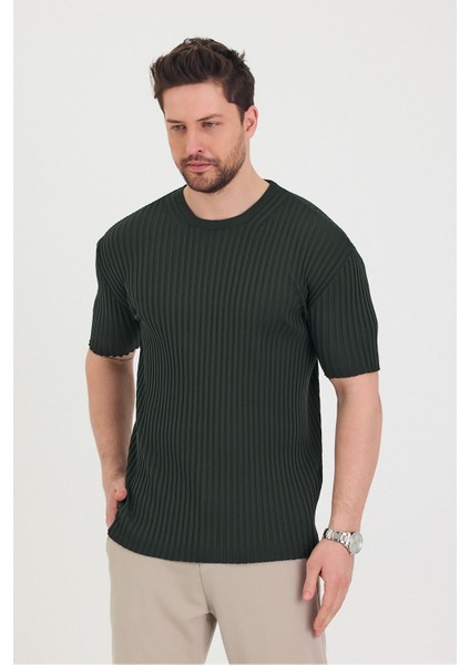 Erkek Bisiklet Yaka Fitilli Kısa Kollu Ince Triko T-Shirt