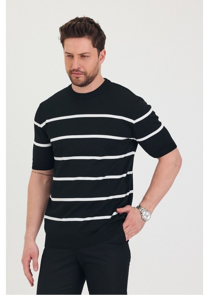 Erkek Bisiklet Yaka Kalın Çizgi Detaylı Kısa Kollu Ince Triko T-Shirt