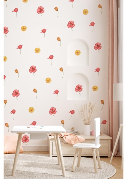Sarı ve Pembe Tonlarda Renkli Çiçeklerden Oluşan Sticker Seti 48 Parça Özel Kesimli Mat Sticker