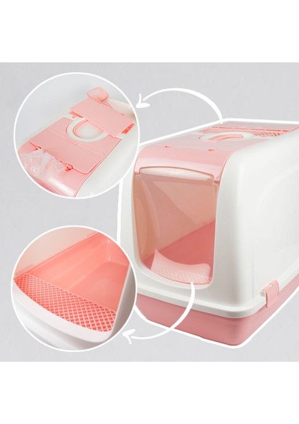 Büyük Boy Kapalı Kedi Tuvaleti Pembe + Kürek Hediyeli