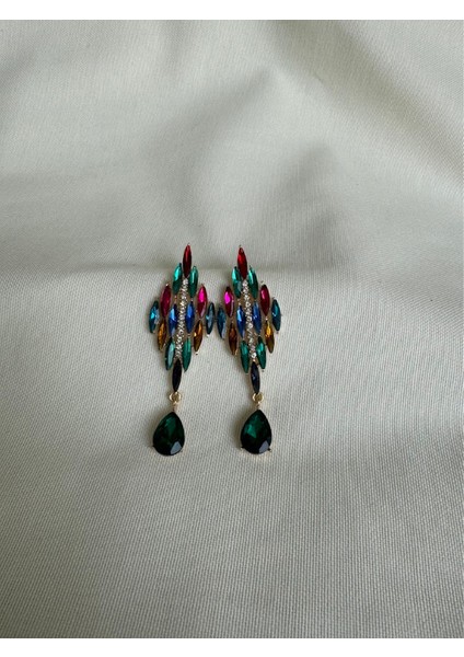 Çok Renkli Taşlı Damla Sallantılı Küpe