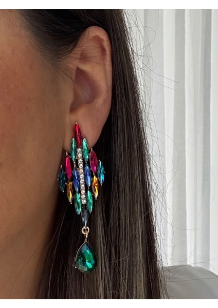Çok Renkli Taşlı Damla Sallantılı Küpe fiyatları