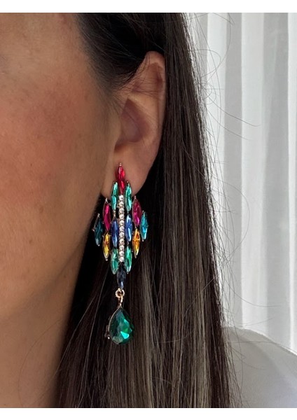Çok Renkli Taşlı Damla Sallantılı Küpe modelleri