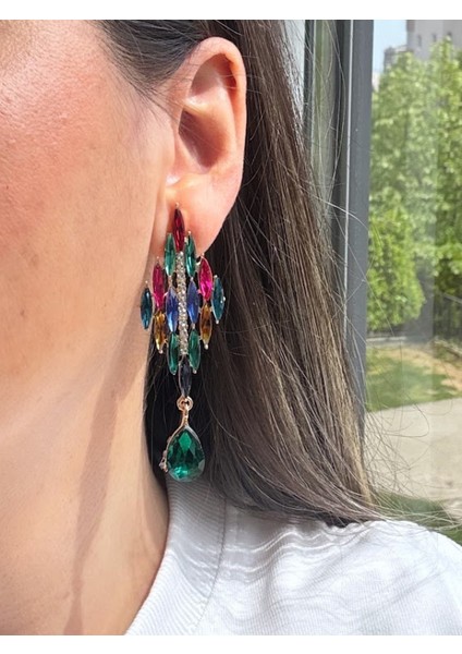 Çok Renkli Taşlı Damla Sallantılı Küpe indirimleri