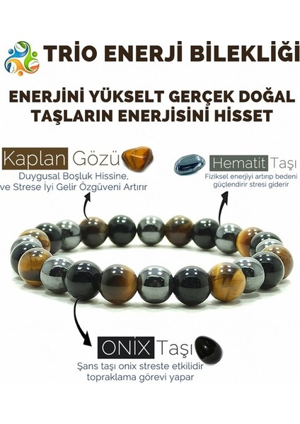 Kamus Trio Enerji Oniks Hematit Kaplangözü Doğal Taş Bileklik (Yurt Dışından)