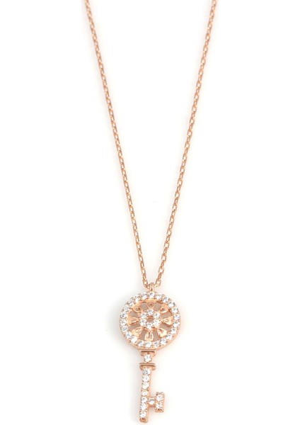 925 Ayar Gümüş Yuvarlak Anahtar Kolye, Beyaz - Beyaz Taş