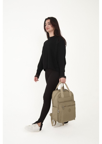Srg Unisex Suya Dayanıklı Krinkıl Kumaş Çok Gözlü Bej Laptop Okul ve Seyahat Sırt Çantası