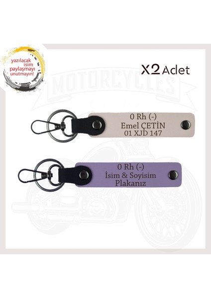 Mor Menekşe-Pudra, Isim Plaka ve 0 Rh (-) Kan Grubu Yazılı Anlamlı Hediye 2'li Anahtarlık Takım
