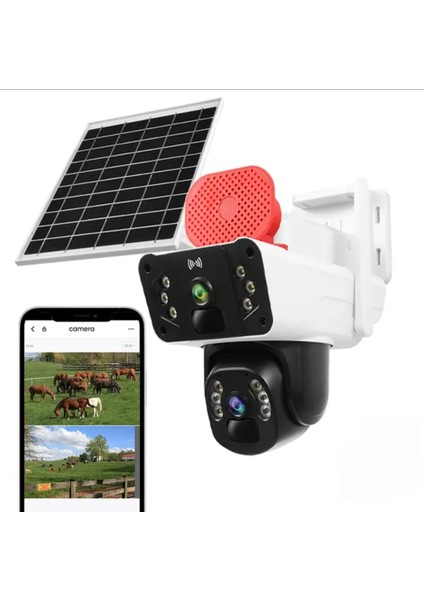 4g Solar Kamera Çift Kameralı Sim Kart Destekli Sirenli Güvenlik Kamerası