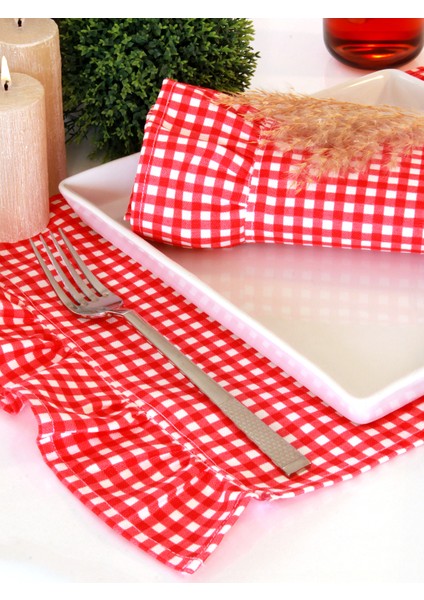 Premium 2'li Fırfırlı & Kırmızı-Beyaz Pötikare Desenli Kumaş Amerikan Servis Seti