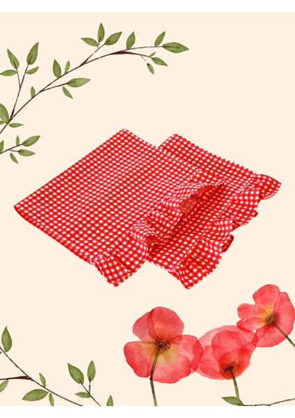 Premium 2'li Fırfırlı & Kırmızı-Beyaz Pötikare Desenli Kumaş Amerikan Servis Seti fiyatları