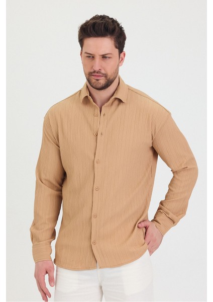 Erkek Kendinden Çizgi Detaylı Slim Fit Dar Kalıp Uzun Kol Gömlek