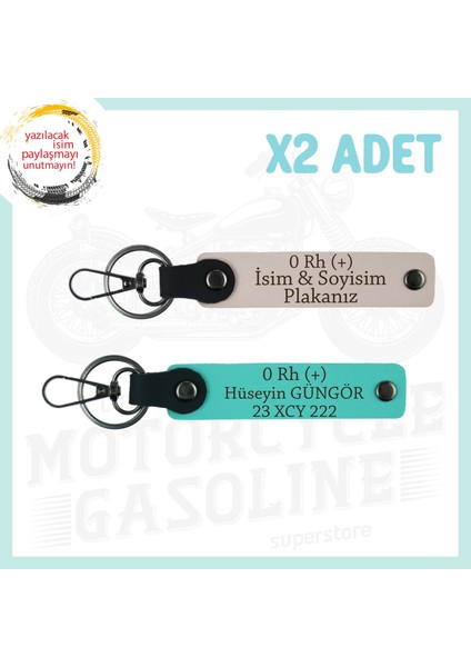 Pudra-Turkuaz, Motorcu Yolculara Özel, Isim Plaka ve 0 Rh (+) Kan Grubu Yazılı Deri 2'li Anahtarlık
