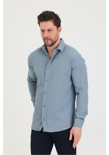 Erkek Kendinden Çizgi Detaylı Slim Fit Dar Kalıp Uzun Kol Gömlek