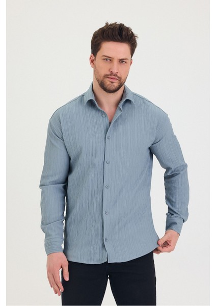 Erkek Kendinden Çizgi Detaylı Slim Fit Dar Kalıp Uzun Kol Gömlek