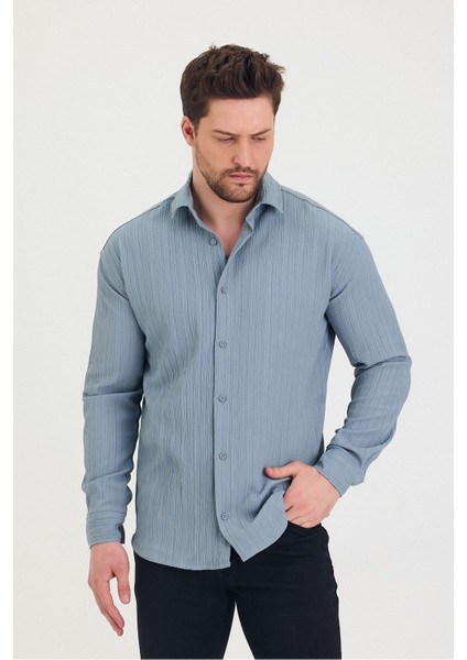 Erkek Kendinden Çizgi Detaylı Slim Fit Dar Kalıp Uzun Kol Gömlek