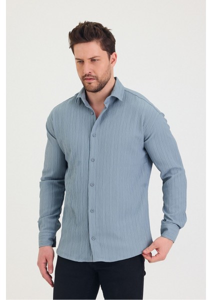 Erkek Kendinden Çizgi Detaylı Slim Fit Dar Kalıp Uzun Kol Gömlek
