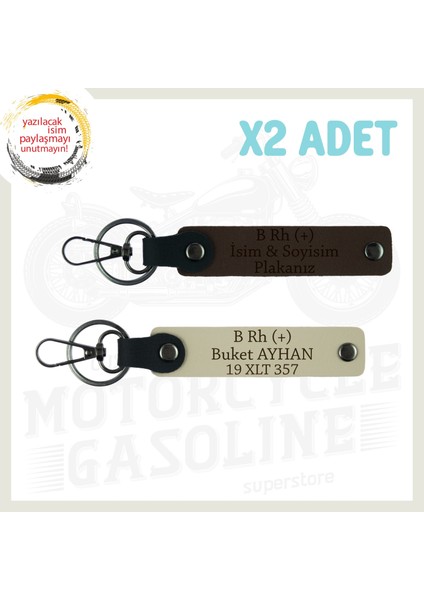 K. Kahve-S. Kahve, Otomobil Isim Plaka ve B Rh (+) Kan Grubu Yazılı Kişiye Özel Deri 2'li Anahtarlık