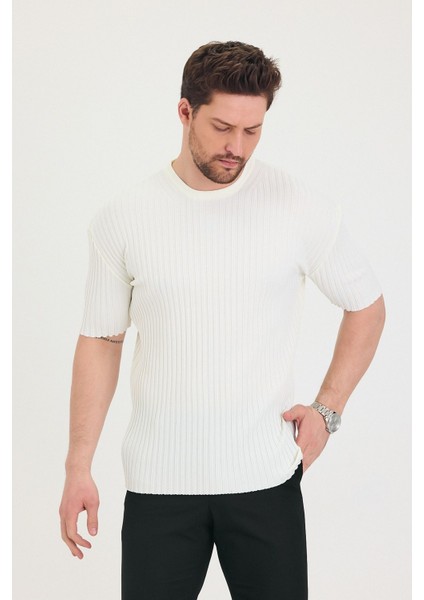 Erkek Bisiklet Yaka Fitilli Kısa Kollu Ince Triko T-Shirt
