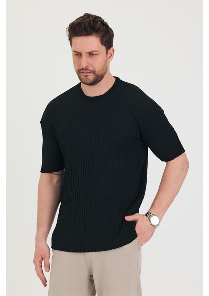 Erkek Bisiklet Yaka Fitilli Kısa Kollu Ince Triko T-Shirt
