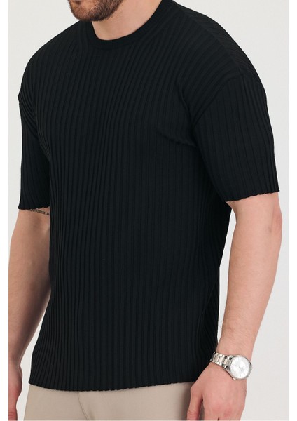 Erkek Bisiklet Yaka Fitilli Kısa Kollu Ince Triko T-Shirt