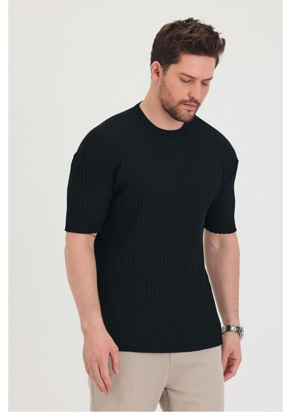 Erkek Bisiklet Yaka Fitilli Kısa Kollu Ince Triko T-Shirt