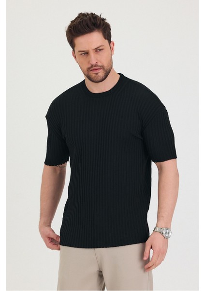 Erkek Bisiklet Yaka Fitilli Kısa Kollu Ince Triko T-Shirt