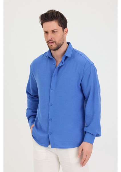 Erkek Slim Fit Dar Kalıp Uzun Kol Pamuklu Keten Efekt Gömlek
