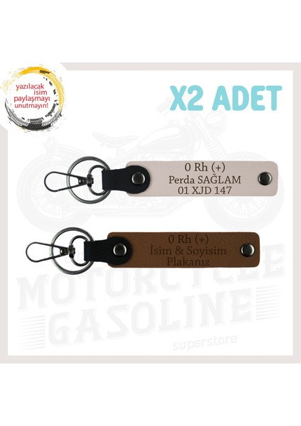 Açık Kahve-Pudra, Biker Tarzına, Isim Plaka ve 0 Rh (+) Kan Grubu Yazılı Güvenli Sürüş Anahtarlığı