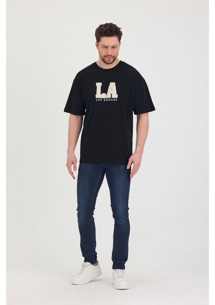 Bisiklet Yaka La Baskılı Oversize Salaş Unisex T-Shirt