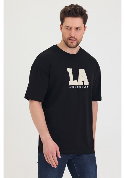 Bisiklet Yaka La Baskılı Oversize Salaş Unisex T-Shirt