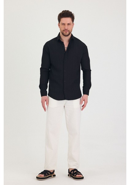 Erkek Kendinden Çizgi Detaylı Slim Fit Dar Kalıp Uzun Kol Gömlek modelleri