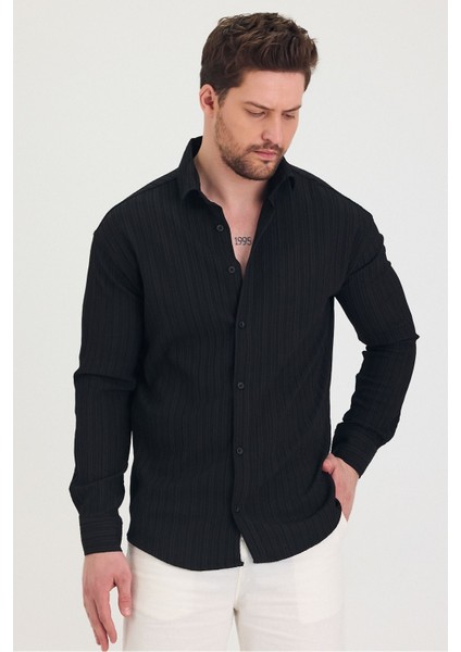 Erkek Kendinden Çizgi Detaylı Slim Fit Dar Kalıp Uzun Kol Gömlek indirimleri