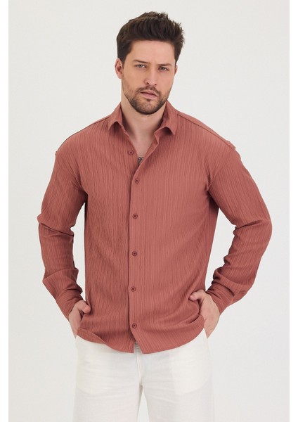 Erkek Kendinden Çizgi Detaylı Slim Fit Dar Kalıp Uzun Kol Gömlek