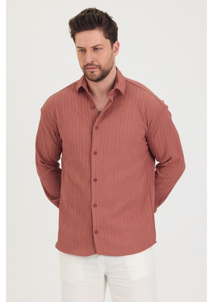 Erkek Kendinden Çizgi Detaylı Slim Fit Dar Kalıp Uzun Kol Gömlek